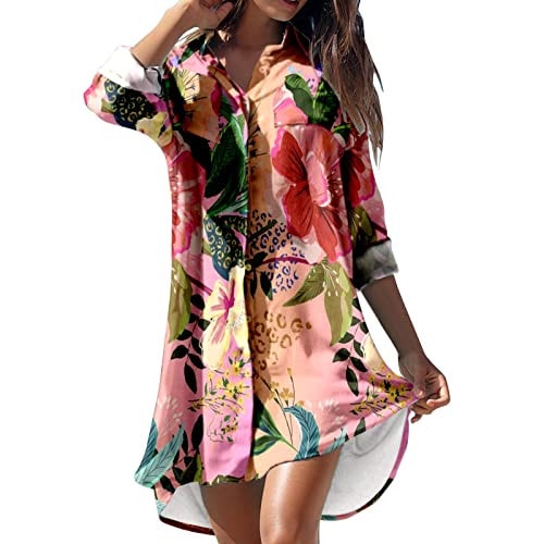High Neck Midi Dress Women Spring Casual Dresses Summer Dress Printed Beach Style Dress Womens Dress Clothing Pink